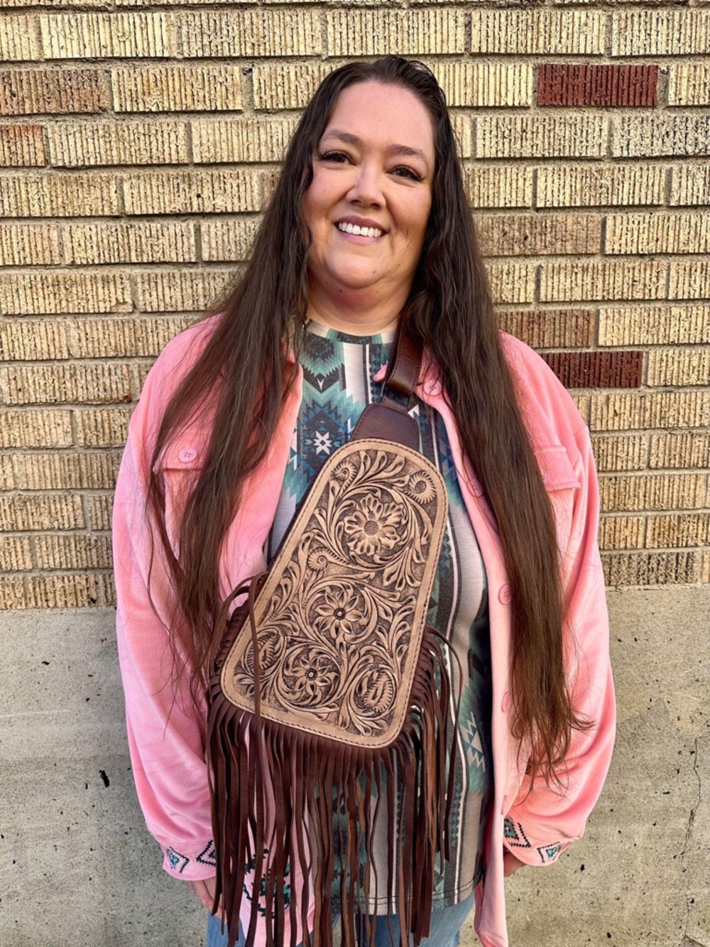 NEW Dark Brown Tooled Leather & Fringe Sling Bag